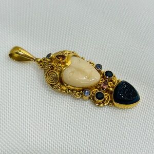 Signed Sajen 18k Gold White  Moon Face Goddess Gemstones Pendant